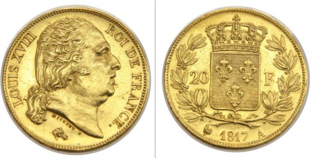 470 EUR 20 Francos 1817 A Paris Luis XVIII  ORO 900   6,45 gr